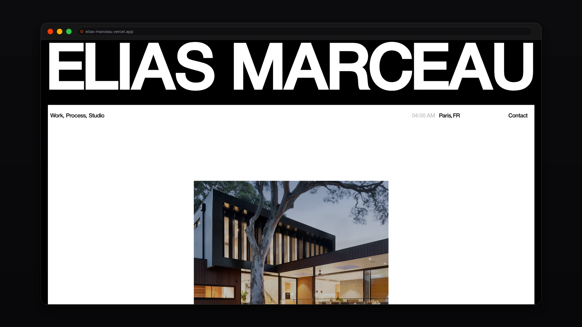 Page d’accueil du portfolio d’architecture Elias Marceau dans un navigateur