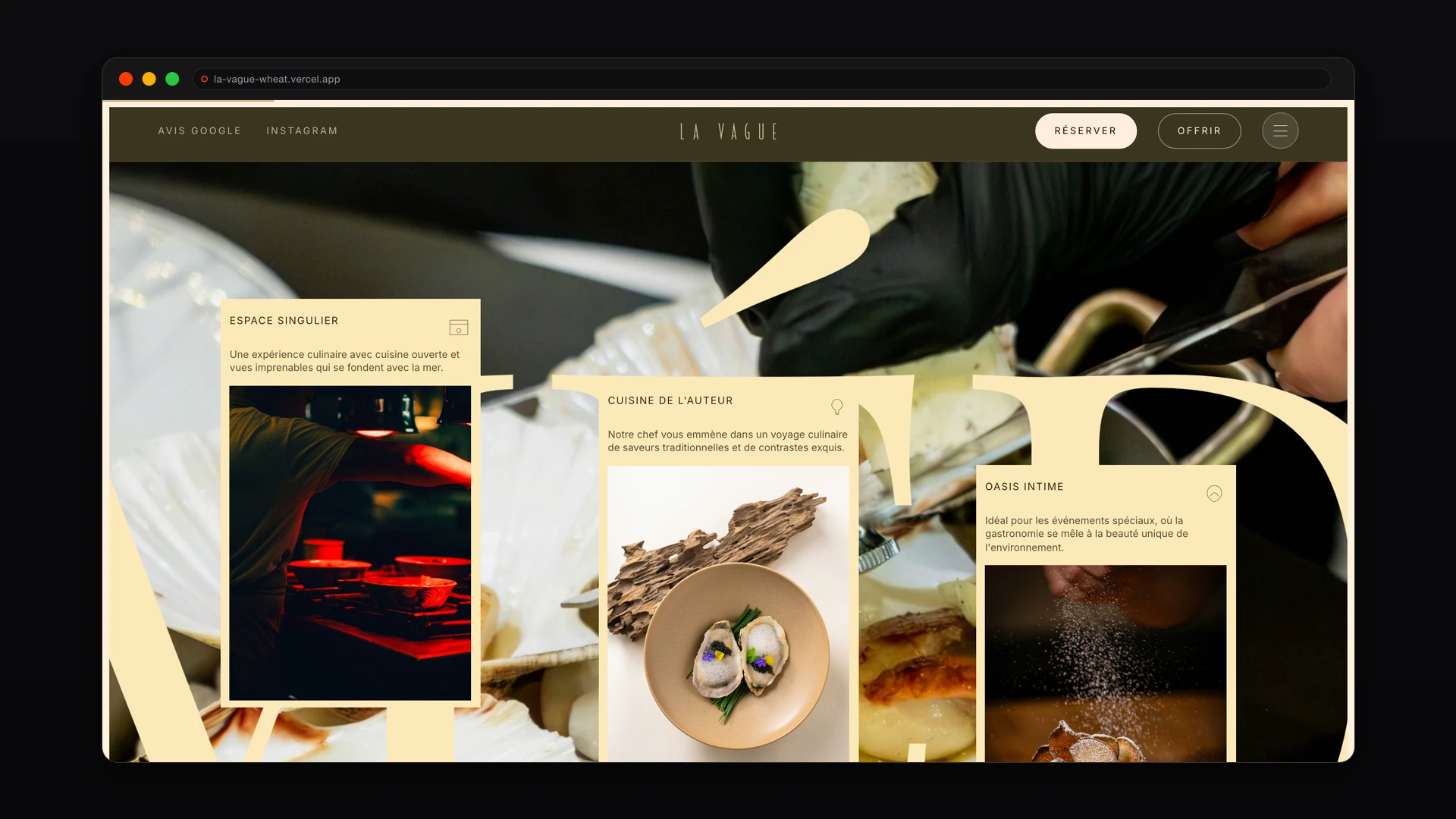 Section expérience culinaire du site La Vague